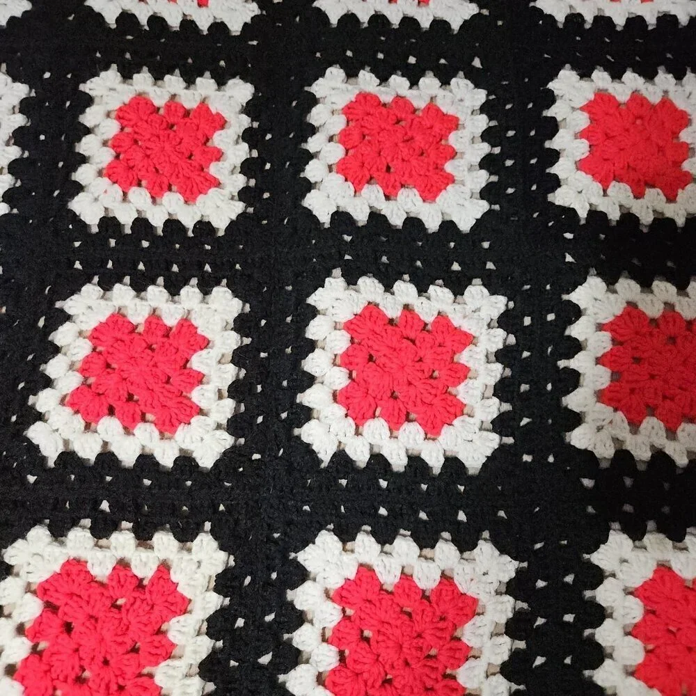 Granny Square Throw Blanket 52x43in Red Black White Crochet Afghan Handmade